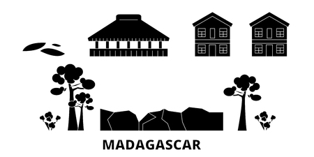 Madagascar flat travel skyline set. Madagascar black city vector panorama, illustration, travel sights, landmarks, streets.のイラスト素材