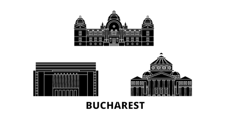 Romania, Bucharest flat travel skyline set. Romania, Bucharest black city vector panorama, illustration, travel sights, landmarks, streets.のイラスト素材