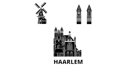Netherlands, Haarlem flat travel skyline set. Netherlands, Haarlem black city vector panorama, illustration, travel sights, landmarks, streets.のイラスト素材