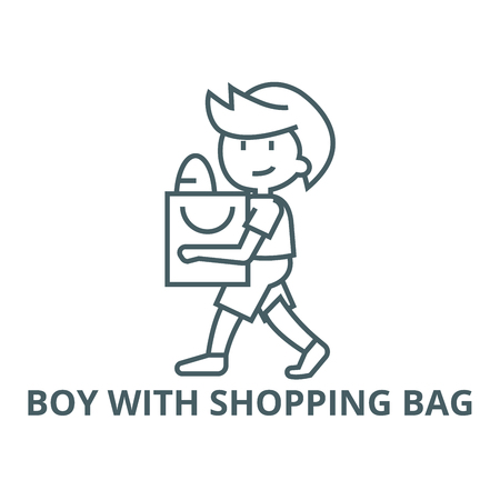 Boy with shopping bag line icon, vector. Boy with shopping bag outline sign, concept symbol, illustrationのイラスト素材