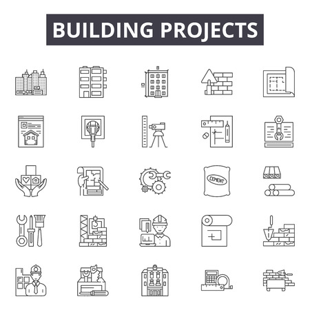Building projects line icons, signs set, vector. Building projects outline concept illustration: project,construction,building,architecture,house,engineering,design