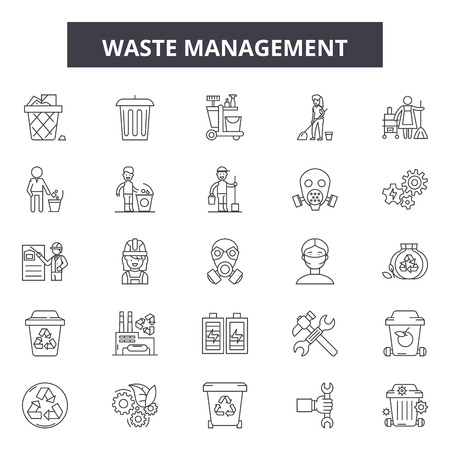 Waste management line icons, signs set, vector. Waste management outline concept illustration: waste,recycle,ecology,recycling,green,plastic,paperのイラスト素材