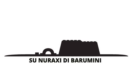 Italy, Barumini, Su Nuraxi Di Barumini city skyline isolated vector illustration. Italy, Barumini, Su Nuraxi Di Barumini travel cityscape with landmarksのイラスト素材