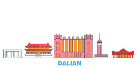 China, Dalian cityscape line vector. Travel flat city landmark, oultine illustration, line world iconsのイラスト素材