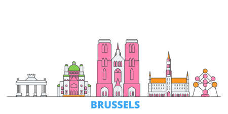 Belgium, Brussels cityscape line vector. Travel flat city landmark, oultine illustration, line world iconsのイラスト素材