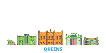 United States, New York Queens cityscape line vector. Travel flat city landmark, oultine illustration, line world iconsのイラスト素材