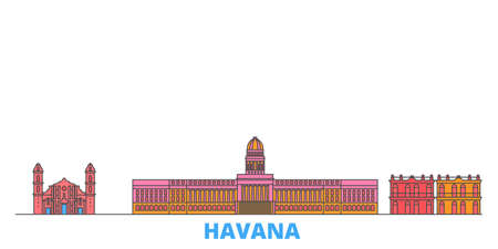 Cuba, Havana City cityscape line vector. Travel flat city landmark, oultine illustration, line world iconsのイラスト素材