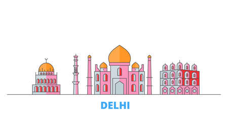 India, Delhi City cityscape line vector. Travel flat city landmark, oultine illustration, line world iconsのイラスト素材