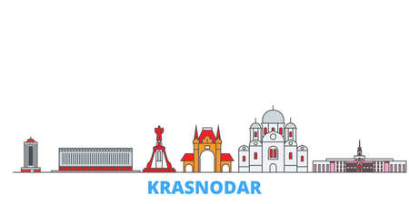 Russia, Kransodar City cityscape line vector. Travel flat city landmark, oultine illustration, line world iconsのイラスト素材