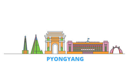 North Korea, Pyongyang cityscape line vector. Travel flat city landmark, oultine illustration, line world iconsのイラスト素材