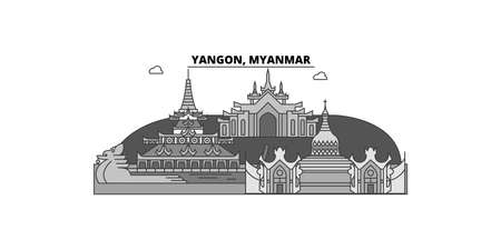 Myanmar, Yangon city skyline isolated vector illustration, iconsのイラスト素材