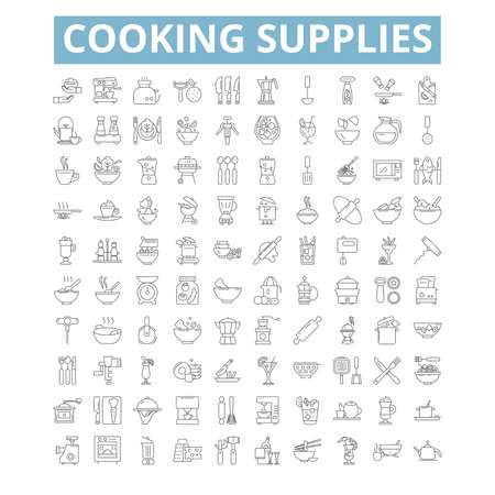 Cooking supplies icons, line symbols, web signs, vector set, isolated illustrationのイラスト素材
