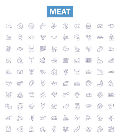Meat line icons, signs set. Pork, Beef, Mutton, Venison, Lamb, Sausage, Bacon, Chicken, Finfish outline vector illustrations.のイラスト素材
