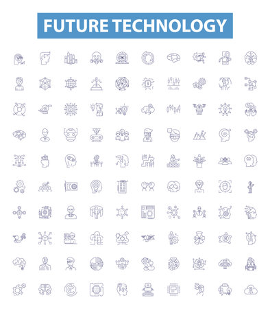 Future technology line icons, signs set. Innovations, Automation, Robotics, Artificial Intelligence, Nanotechnology, Biotech, Quantum Computing, Big Data, Blockchain outline vector illustrations.のイラスト素材