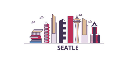 United States, Seattle City tourism landmarks, vector city travel illustrationのイラスト素材