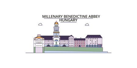 Hungary, Millenary Benedictine Abbey tourism landmarks, vector city travel illustrationのイラスト素材