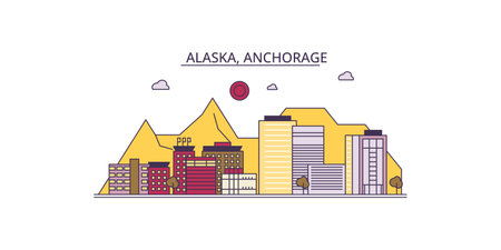 United States, Anchorage tourism landmarks, vector city travel illustrationのイラスト素材