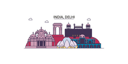 India, Delhi tourism landmarks, vector city travel illustrationのイラスト素材