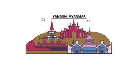 Myanmar, Yangon tourism landmarks, vector city travel illustrationのイラスト素材