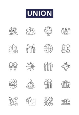Union line vector icons and signs. Alliance, Unity, Combine, Federal, Merger, Conjugation, Unity, Federation outline vector illustration setのイラスト素材