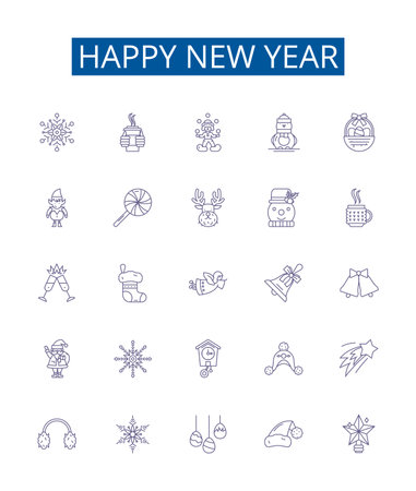 Happy new year line icons signs set. Design collection of Glad, Joyous, Cheerful, Merry, Festive, Blessing, Jubilant, Optimistic outline concept vector illustrationsのイラスト素材