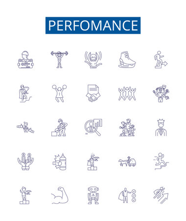 Perfomance line icons signs set. Design collection of Performance, Productivity, Efficiency, Accomplishment, Competence, Competency, Skill, Success outline concept vector illustrationsのイラスト素材