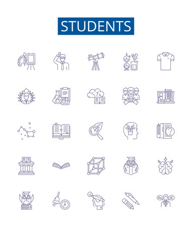 Students line icons signs set. Design collection of Students, Learners, Pupils, Educators, Scholars, Academician, Campus, Classroom outline concept vector illustrationsのイラスト素材