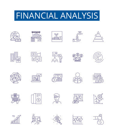 Financial analysis line icons signs set. Design collection of Budgeting, Forecasting, Ratios, Cashflow, Financing, Profitability, Liquidity, Accounting outline concept vector illustrationsのイラスト素材