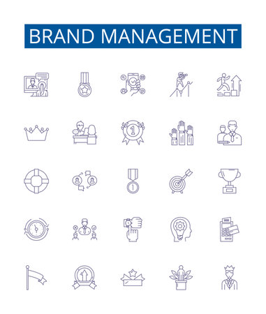 Brand management line icons signs set. Design collection of Branding, Promotion, Auditing, Reputation, Advertising, Communication, Awareness, Reinforcement outline concept vector illustrationsのイラスト素材