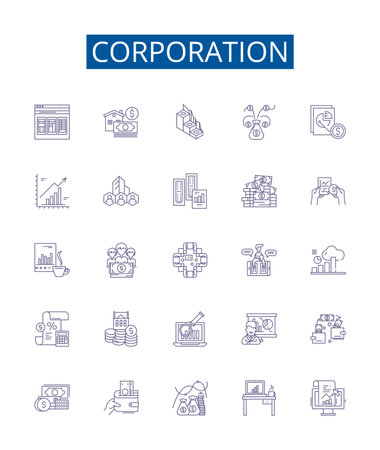 Corporation line icons signs set. Design collection of Corporation, Company, Business, Enterprise, Conglomerate, Group, Incorporated, Multi National outline concept vector illustrationsのイラスト素材