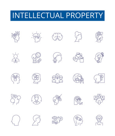 Intellectual property line icons signs set. Design collection of IP, Inventions, Patents, Trademarks, Copyright, Infrastructure, Ideas, Know-how outline concept vector illustrationsのイラスト素材