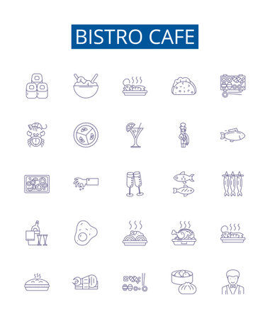 Bistro cafe line icons signs set. Design collection of Bistro, Cafe, Dining, Restaurant, Cuisine, Coffee, Breakfast, Lunch outline concept vector illustrationsのイラスト素材