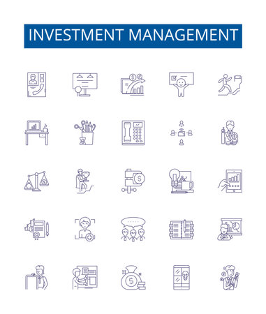 Investment management line icons signs set. Design collection of Investment, Management, Wealth, Portfolio, Risk, Capital, Asset, Strategy outline concept vector illustrationsのイラスト素材