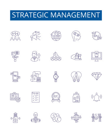 Strategic management line icons signs set. Design collection of Planning, Executing, Reviewing, Strategy, Competitiveness, Vision, Decision Making, Goals outline concept vector illustrationsのイラスト素材