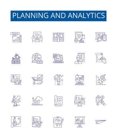 Planning and analytics line icons signs set. Design collection of Planning, Analytics, Strategy, Forecasting, Evaluation, Analysis, Optimization, Design outline concept vector illustrationsのイラスト素材