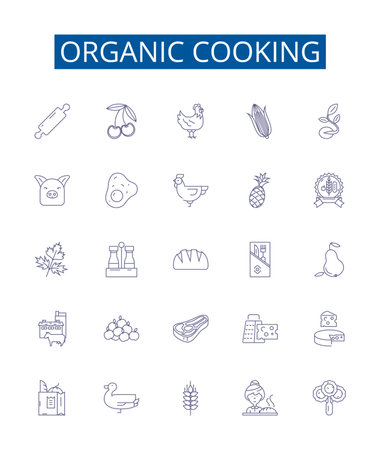 Organic cooking line icons signs set. Design collection of Organic, Cooking, Cuisine, Dining, Healthy, Vegan, Plant Based, Biodynamic outline concept vector illustrationsのイラスト素材