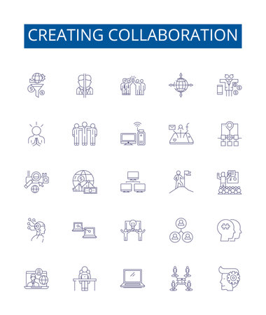 Creating collaboration line icons signs set. Design collection of Cooperating, Uniting, Pooling, Teaming, Synchronizing, Syncing, Bonding, Joining outline concept vector illustrationsのイラスト素材