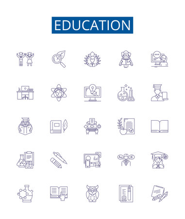 Education line icons signs set. Design collection of Learning, Schools, Higher, Teaching, Studying, Literacy, Courses, Training outline concept vector illustrationsのイラスト素材