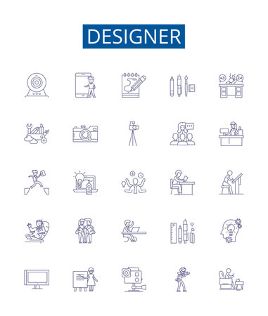 Designer line icons signs set. Design collection of Designer, Fashion, Architecture, Interior, Art, Creative, Costume, Graphic outline concept vector illustrationsのイラスト素材