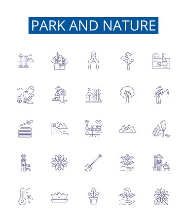 Park and nature line icons signs set. Design collection of Park, Nature, Woods, Trees, Plants, Grass, Flowers, Wildlife outline concept vector illustrationsのイラスト素材