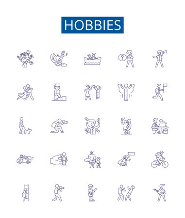 Hobbies line icons signs set. Design collection of Crafting, Painting, Reading, Cooking, Gardening, Dancing, Gaming, Shopping outline concept vector illustrationsのイラスト素材