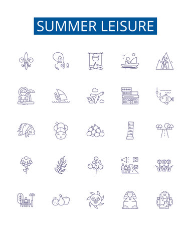 Summer leisure line icons signs set. Design collection of Vacation, Swimming, Sunbathing, Barbecue, Picnic, Camping, Hiking, Fishing outline concept vector illustrationsのイラスト素材