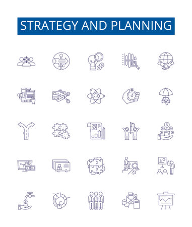 Strategy and planning line icons signs set. Design collection of strategy, planning, vision, mission, goal, objective, outcome, metric outline concept vector illustrationsのイラスト素材