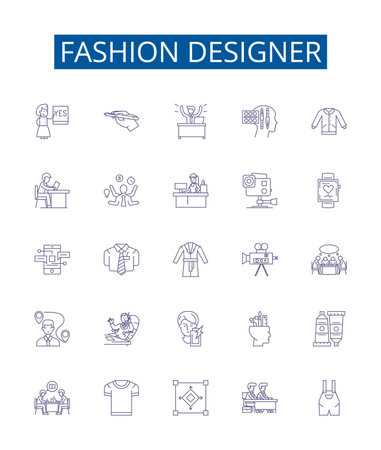 Fashion designer line icons signs set. Design collection of Designer, Couturier, Clothes, Garment, Outfit, Runway, Apparel, Needlework outline concept vector illustrationsのイラスト素材
