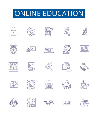 Online education line icons signs set. Design collection of eLearning, Remote, Distance, Teaching, Studying, Webinars, Courses, Schools outline concept vector illustrationsのイラスト素材