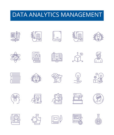 Data analytics management line icons signs set. Design collection of Data, Analytics, Management, Automation, Discovery, Mining, Reporting, Analysis outline concept vector illustrationsのイラスト素材