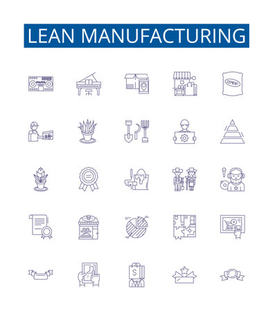 Lean manufacturing line icons signs set. Design collection of Six Sigma, Lean, Kaizen, JIT, TPS, Kanban, 5S, Visual Management outline concept vector illustrationsのイラスト素材