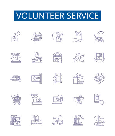 Volunteer service line icons signs set. Design collection of Volunteering, Service, Helping, Donating, participating, aiding, assisting, sharing outline concept vector illustrationsのイラスト素材