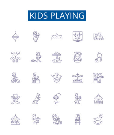 Kids playing line icons signs set. Design collection of Children, Playing, Games, Toys, Outdoors, Frisbee, Soccer, Jumping outline concept vector illustrationsのイラスト素材
