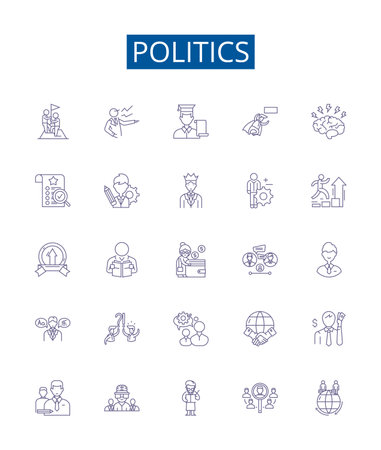 Politics line icons signs set. Design collection of Politics, Governance, Diplomacy, Statecraft, Election, Legislation, Policy, Executive outline concept vector illustrationsのイラスト素材